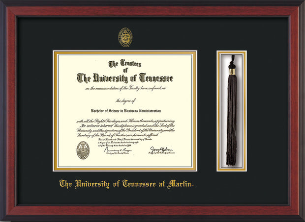 Image of University of Tennessee Martin Diploma Frame - Cherry Reverse - w/UT Embossed Seal & UT Martin Name - Tassel Holder - Black on Gold Mat