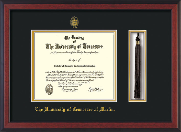 Image of University of Tennessee Martin Diploma Frame - Cherry Reverse - w/UT Embossed Seal & UT Martin Name - Tassel Holder - Black on Gold Mat