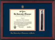 Image of University of Tennessee Martin Diploma Frame - Cherry Reverse - w/UT Embossed Seal & UT Martin Name - Tassel Holder - Navy on Orange Mat