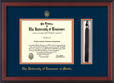 Image of University of Tennessee Martin Diploma Frame - Cherry Reverse - w/UT Embossed Seal & UT Martin Name - Tassel Holder - Navy on Orange Mat