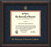 Image of University of Tennessee Martin Diploma Frame - Mahogany Braid - w/UT Embossed Seal & UT Martin Name - Navy Suede on Orange Mat