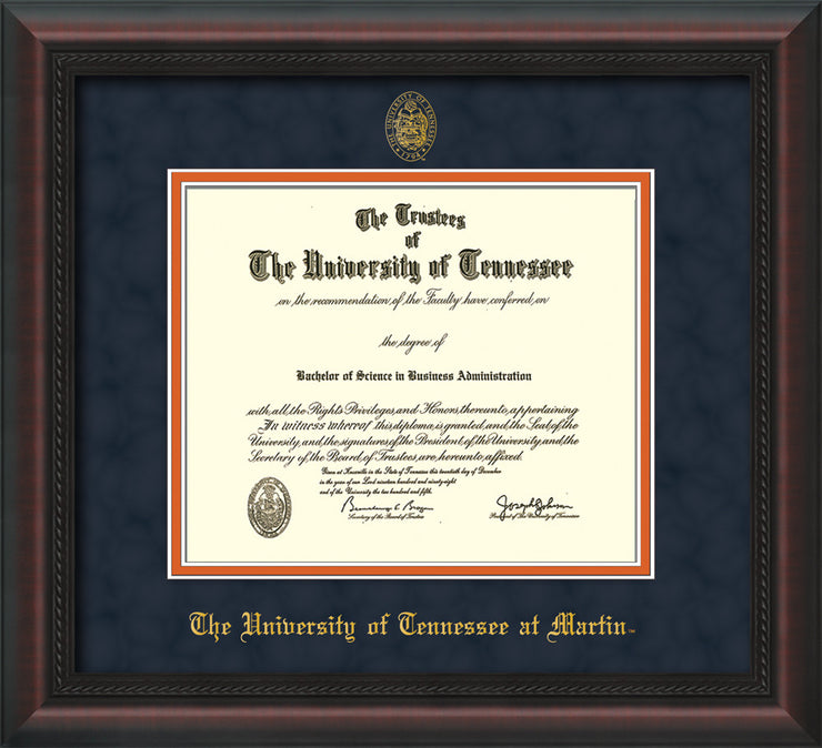 Image of University of Tennessee Martin Diploma Frame - Mahogany Braid - w/UT Embossed Seal & UT Martin Name - Navy Suede on Orange Mat