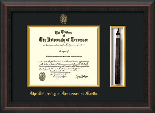 Image of University of Tennessee Martin Diploma Frame - Mahogany Braid - w/UT Embossed Seal & UT Martin Name - Tassel Holder - Black on Gold Mat