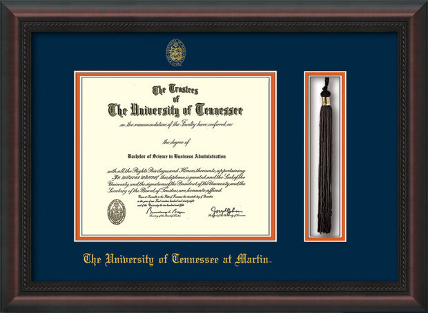 Image of University of Tennessee Martin Diploma Frame - Mahogany Braid - w/UT Embossed Seal & UT Martin Name - Tassel Holder - Navy on Orange Mat