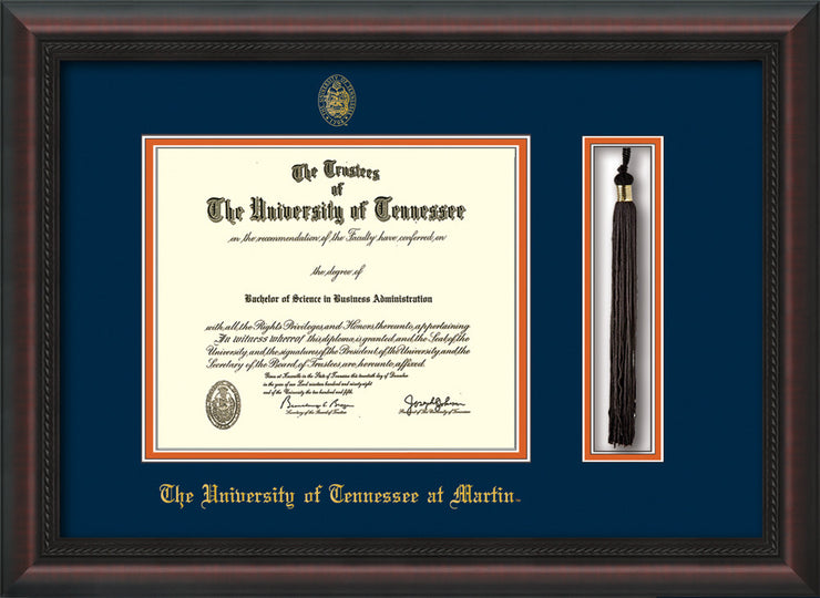 Image of University of Tennessee Martin Diploma Frame - Mahogany Braid - w/UT Embossed Seal & UT Martin Name - Tassel Holder - Navy on Orange Mat