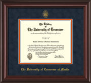 Image of University of Tennessee Martin Diploma Frame - Mahogany Lacquer - w/UT Embossed Seal & UT Martin Name - Navy Suede on Orange Mat