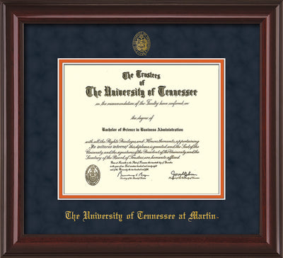 Image of University of Tennessee Martin Diploma Frame - Mahogany Lacquer - w/UT Embossed Seal & UT Martin Name - Navy Suede on Orange Mat
