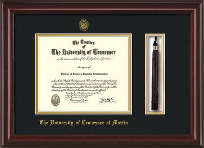 Image of University of Tennessee Martin Diploma Frame - Mahogany Lacquer - w/UT Embossed Seal & UT Martin Name - Tassel Holder - Black on Gold Mat