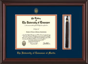 Image of University of Tennessee Martin Diploma Frame - Mahogany Lacquer - w/UT Embossed Seal & UT Martin Name - Tassel Holder - Navy on Orange Mat