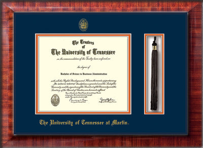 Image of University of Tennessee Martin Diploma Frame - Mezzo Gloss - w/UT Embossed Seal & UT Martin Name - Tassel Holder - Navy on Orange Mat