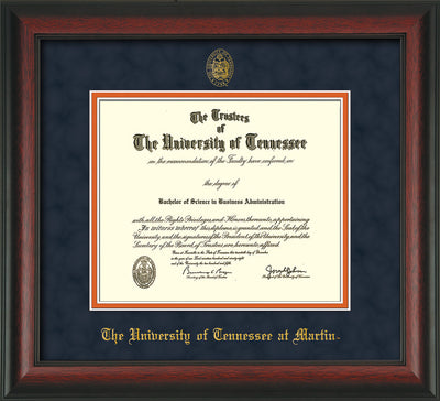 Image of University of Tennessee Martin Diploma Frame - Rosewood - w/UT Embossed Seal & UT Martin Name - Navy Suede on Orange Mat