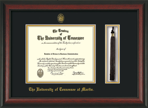 Image of University of Tennessee Martin Diploma Frame - Rosewood - w/UT Embossed Seal & UT Martin Name - Tassel Holder - Black on Gold Mat