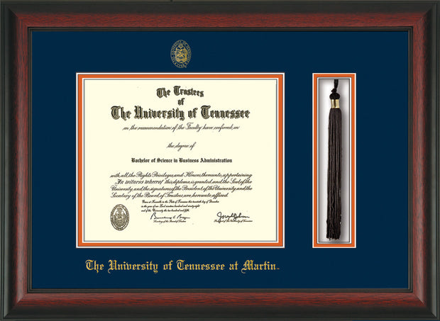 Image of University of Tennessee Martin Diploma Frame - Rosewood - w/UT Embossed Seal & UT Martin Name - Tassel Holder - Navy on Orange Mat