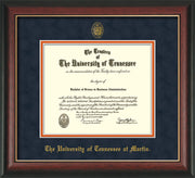 Image of University of Tennessee Martin Diploma Frame - Rosewood w/Gold Lip - w/UT Embossed Seal & UT Martin Name - Navy Suede on Orange Mat