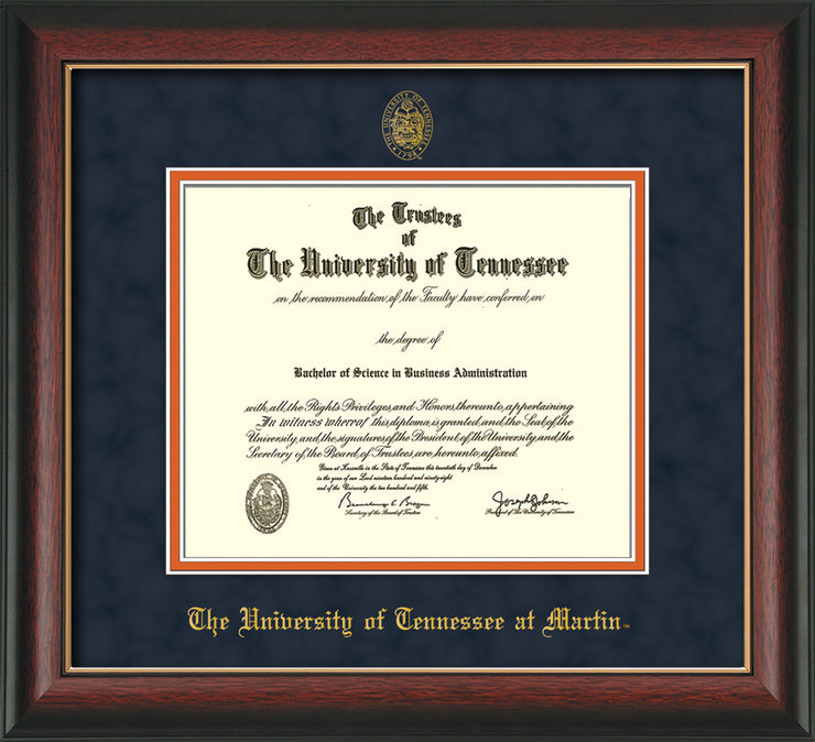 Image of University of Tennessee Martin Diploma Frame - Rosewood w/Gold Lip - w/UT Embossed Seal & UT Martin Name - Navy Suede on Orange Mat