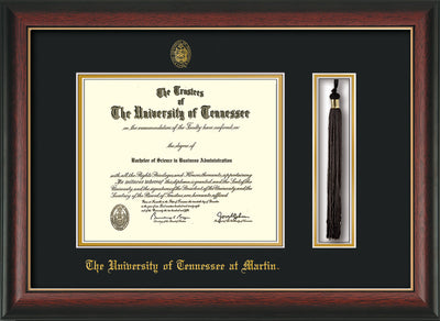 Image of University of Tennessee Martin Diploma Frame - Rosewood w/Gold Lip - w/UT Embossed Seal & UT Martin Name - Tassel Holder - Black on Gold Mat