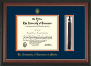 Image of University of Tennessee Martin Diploma Frame - Rosewood w/Gold Lip - w/UT Embossed Seal & UT Martin Name - Tassel Holder - Navy on Orange Mat