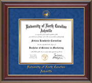 Image of University of North Carolina Asheville Diploma Frame - Cherry Lacquer - w/Embossed UNCA Seal & Name - Royal Blue Suede on Gold mat