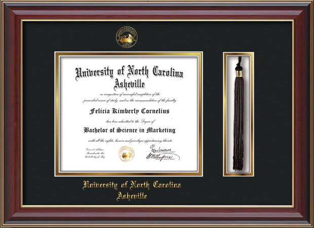 Image of University of North Carolina Asheville Diploma Frame - Cherry Lacquer - w/Embossed UNCA Seal & Name - Tassel Holder - Black on Gold mat