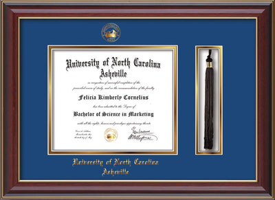 Image of University of North Carolina Asheville Diploma Frame - Cherry Lacquer - w/Embossed UNCA Seal & Name - Tassel Holder - Royal Blue on Gold mat