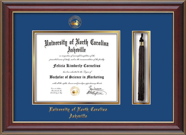 Image of University of North Carolina Asheville Diploma Frame - Cherry Lacquer - w/Embossed UNCA Seal & Name - Tassel Holder - Royal Blue on Gold mat