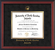 Image of University of North Carolina Asheville Diploma Frame - Cherry Reverse - w/Embossed UNCA Seal & Name - Black Suede on Gold mat