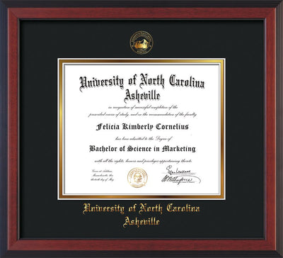 Image of University of North Carolina Asheville Diploma Frame - Cherry Reverse - w/Embossed UNCA Seal & Name - Black on Gold mat