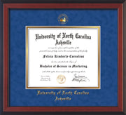 Image of University of North Carolina Asheville Diploma Frame - Cherry Reverse - w/Embossed UNCA Seal & Name - Royal Blue Suede on Gold mat