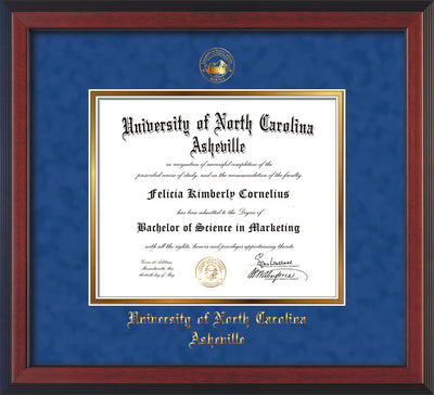 Image of University of North Carolina Asheville Diploma Frame - Cherry Reverse - w/Embossed UNCA Seal & Name - Royal Blue Suede on Gold mat