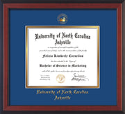 Image of University of North Carolina Asheville Diploma Frame - Cherry Reverse - w/Embossed UNCA Seal & Name - Royal Blue on Gold mat