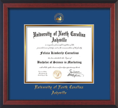 Image of University of North Carolina Asheville Diploma Frame - Cherry Reverse - w/Embossed UNCA Seal & Name - Royal Blue on Gold mat