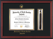 Image of University of North Carolina Asheville Diploma Frame - Cherry Reverse - w/Embossed UNCA Seal & Name - Tassel Holder - Black on Gold mat
