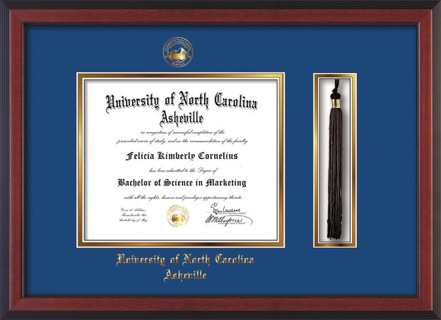 Image of University of North Carolina Asheville Diploma Frame - Cherry Reverse - w/Embossed UNCA Seal & Name - Tassel Holder - Royal Blue on Gold mat