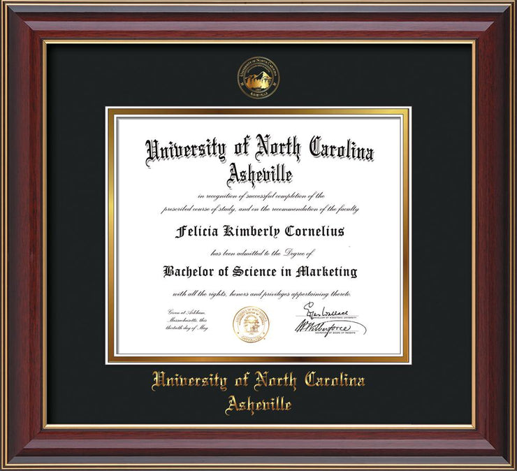 Image of University of North Carolina Asheville Diploma Frame - Cherry Lacquer - w/Embossed UNCA Seal & Name - Black on Gold mat