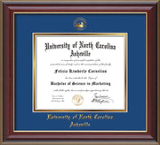 Image of University of North Carolina Asheville Diploma Frame - Cherry Lacquer - w/Embossed UNCA Seal & Name - Royal Blue on Gold mat