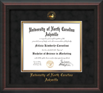 Image of University of North Carolina Asheville Diploma Frame - Mahogany Braid - w/Embossed UNCA Seal & Name - Black Suede on Gold mat