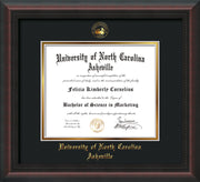 Image of University of North Carolina Asheville Diploma Frame - Mahogany Braid - w/Embossed UNCA Seal & Name - Black on Gold mat