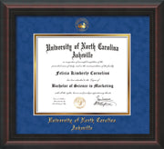 Image of University of North Carolina Asheville Diploma Frame - Mahogany Braid - w/Embossed UNCA Seal & Name - Royal Blue Suede on Gold mat