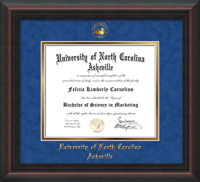 Image of University of North Carolina Asheville Diploma Frame - Mahogany Braid - w/Embossed UNCA Seal & Name - Royal Blue Suede on Gold mat
