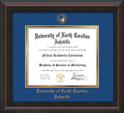 Image of University of North Carolina Asheville Diploma Frame - Mahogany Braid - w/Embossed UNCA Seal & Name - Royal Blue on Gold mat