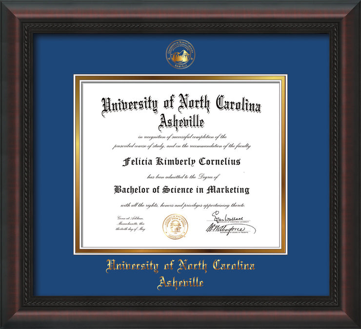 Image of University of North Carolina Asheville Diploma Frame - Mahogany Braid - w/Embossed UNCA Seal & Name - Royal Blue on Gold mat