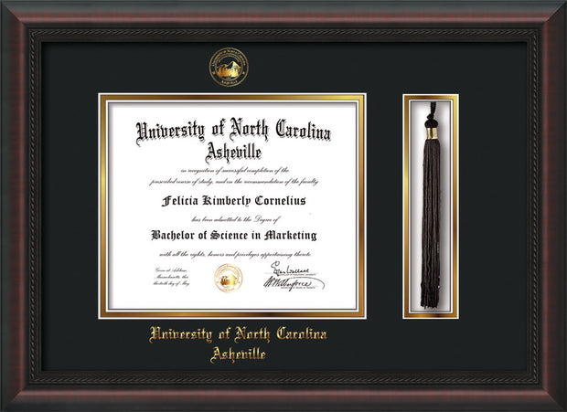 Image of University of North Carolina Asheville Diploma Frame - Mahogany Braid - w/Embossed UNCA Seal & Name - Tassel Holder - Black on Gold mat