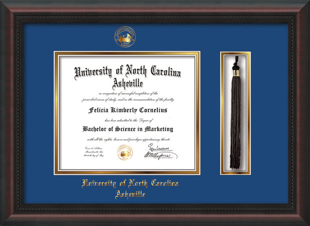 Image of University of North Carolina Asheville Diploma Frame - Mahogany Braid - w/Embossed UNCA Seal & Name - Tassel Holder - Royal Blue on Gold mat