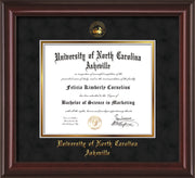 Image of University of North Carolina Asheville Diploma Frame - Mahogany Lacquer - w/Embossed UNCA Seal & Name - Black Suede on Gold mat