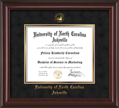 Image of University of North Carolina Asheville Diploma Frame - Mahogany Lacquer - w/Embossed UNCA Seal & Name - Black Suede on Gold mat