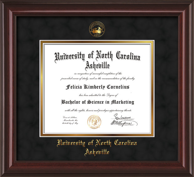 Image of University of North Carolina Asheville Diploma Frame - Mahogany Lacquer - w/Embossed UNCA Seal & Name - Black Suede on Gold mat
