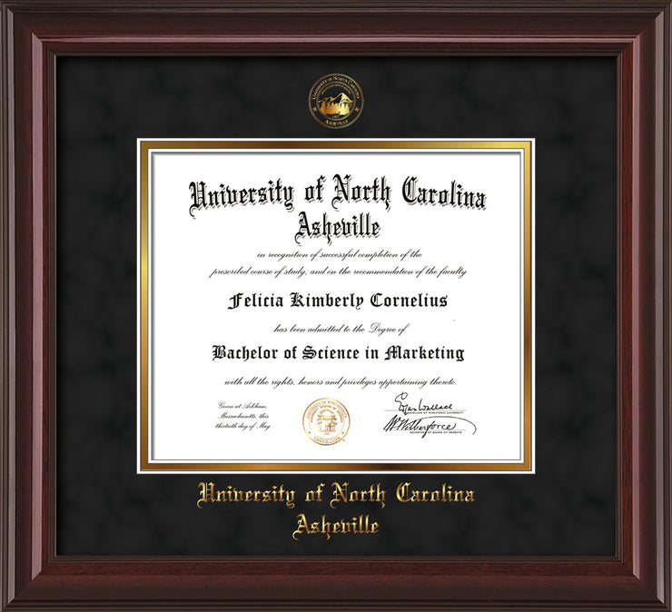 Image of University of North Carolina Asheville Diploma Frame - Mahogany Lacquer - w/Embossed UNCA Seal & Name - Black Suede on Gold mat