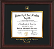 Image of University of North Carolina Asheville Diploma Frame - Mahogany Lacquer - w/Embossed UNCA Seal & Name - Black on Gold mat