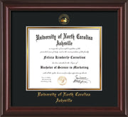 Image of University of North Carolina Asheville Diploma Frame - Mahogany Lacquer - w/Embossed UNCA Seal & Name - Black on Gold mat