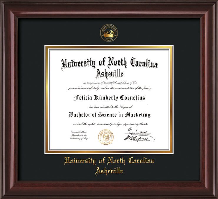Image of University of North Carolina Asheville Diploma Frame - Mahogany Lacquer - w/Embossed UNCA Seal & Name - Black on Gold mat